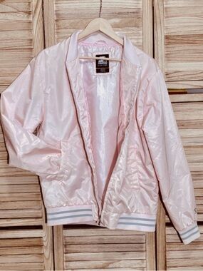 Starter Pink Grey & Black Satin Bomber Jacket Women’s Size Large Like New